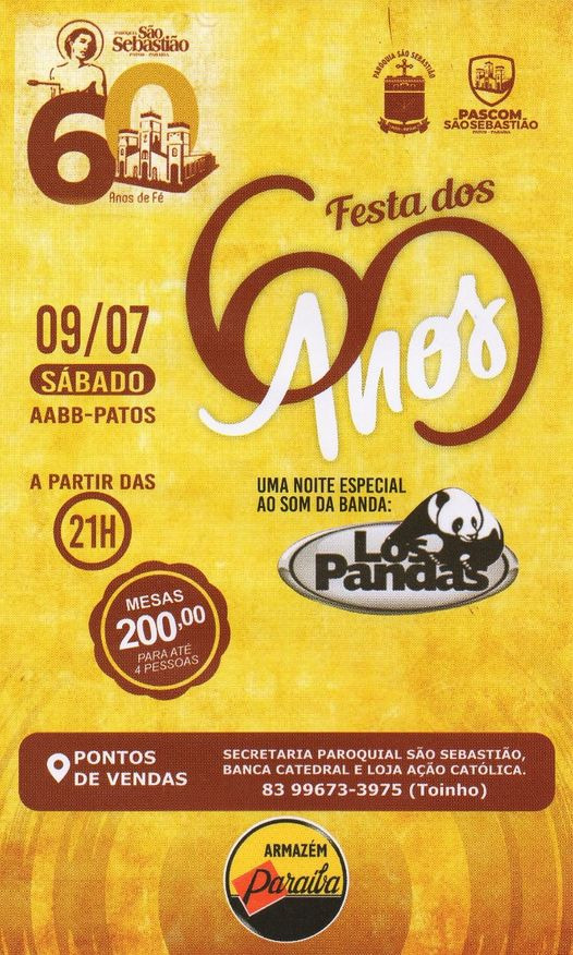 Paróquia de São Sebastião na cidade de Patos realizará Festa dos Anos 60 no próximo sábado (9)