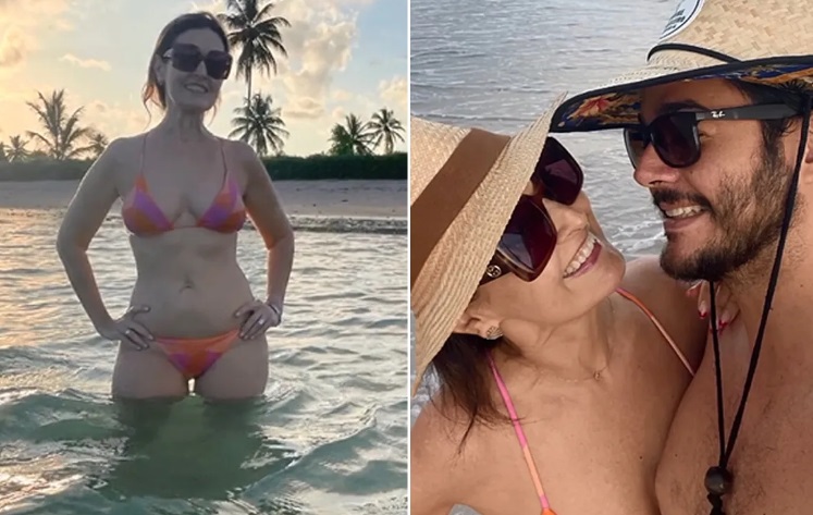 Fátima Bernardes posa de biquíni ao se despedir de viagem com o namorado