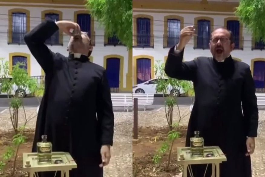 Padre viraliza nas redes sociais ao beber cachaça paraibana em praça pública, no Rio Grande do Norte