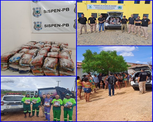 Policiais penais pertencentes a Penitenciária Procurador Romero Nóbrega distribuem cestas básicas na cidade de Patos