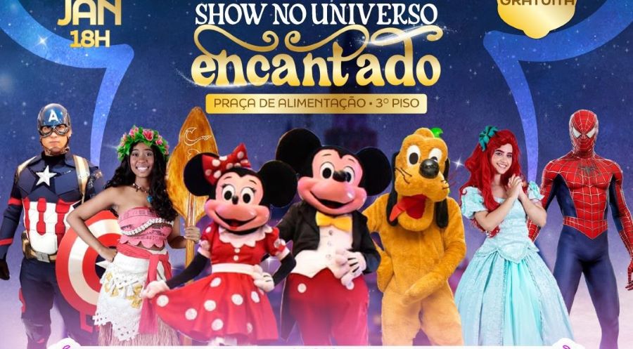 Show do Universo Encantado com heróis, personagens da Disney e muita diversão acontecerá neste sábado e aberto ao público no Guedes Shopping