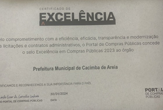 Selo de Excelência: Cacimba de Areia recebe certificado de reconhecimento pela transparência em contratos e licitações 