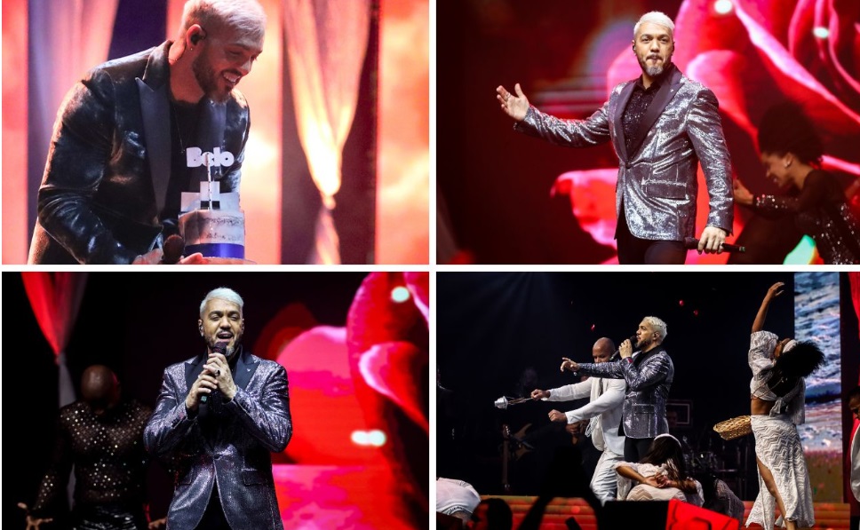 Belo festeja 50 Anos com bolo, banho de rosas e defumador no palco