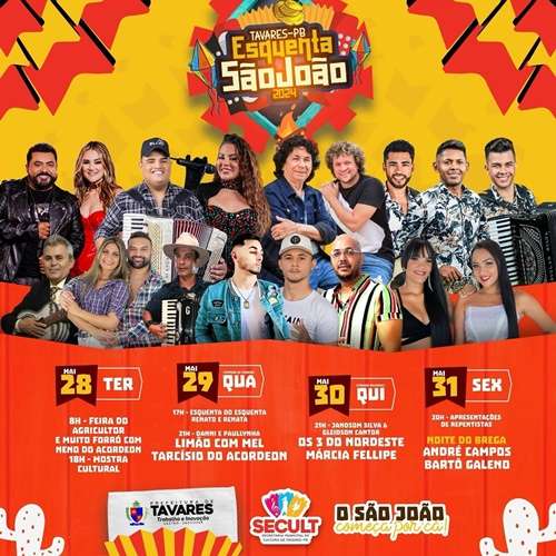 Com grandes atrações como Tarcísio do Acordeon, Limão com Mel, Márcia Feliipe e Bartô Galeno, Esquenta São João 2024 acontece nesta semana; em Tavares