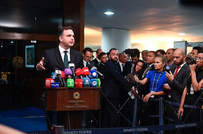 Pacheco em entrevista coletiva, após a reunião no Planalto - Foto: Roque de Sá/Agência Senado